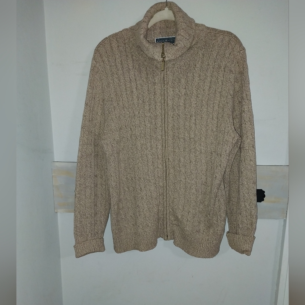 Karen Scott Tab Cable Knit Zip Cardigan Size Large